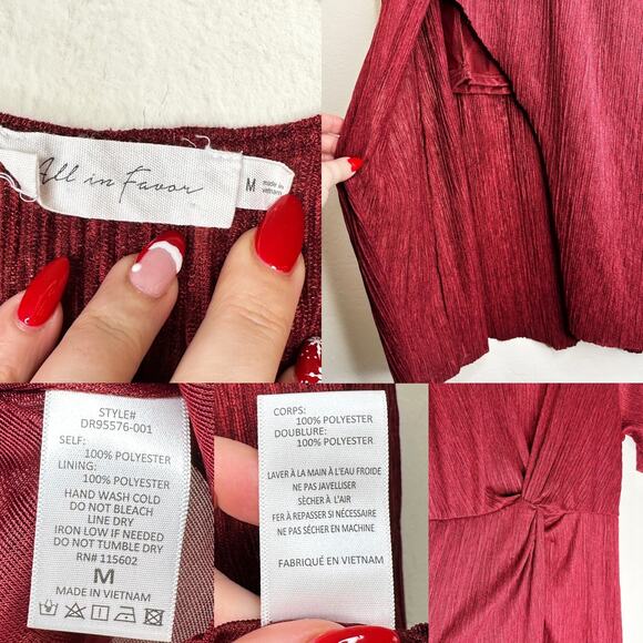 All in Favor Dolman Plisse Textured Short Sleeve Burgundy Midi Dress Medium - Picture 12 of 15